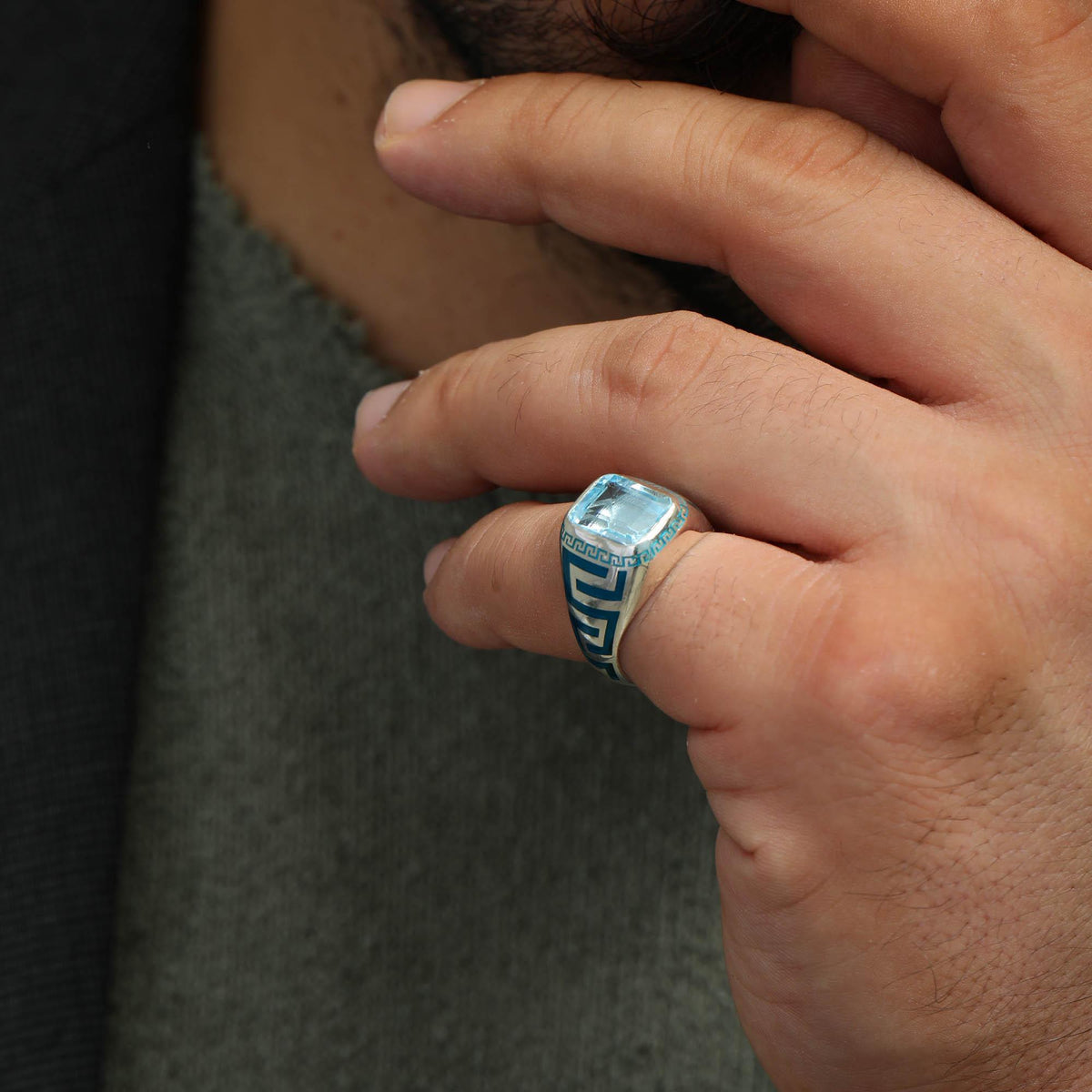 Sky Blue Topaz Greek Key Signet Ring — detail view 3 by Seneca Jewelry