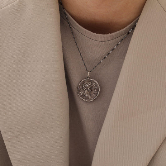 Marcus Aurelius Coin Necklace in Sterling Silver — detail view 2 by Seneca Jewelry