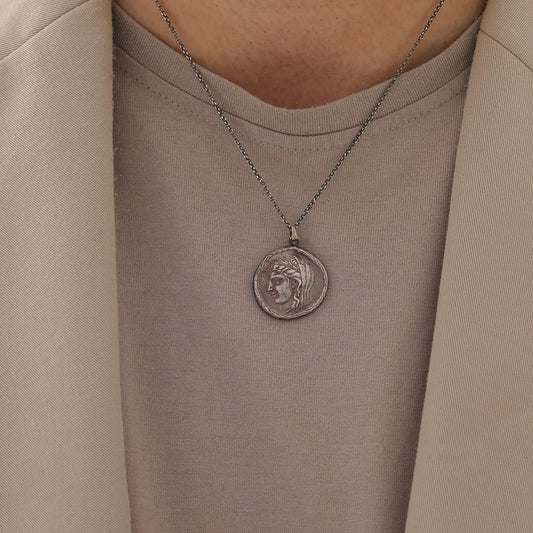 Seated Philosopher Coin Necklace — detail view 2 by Seneca Jewelry