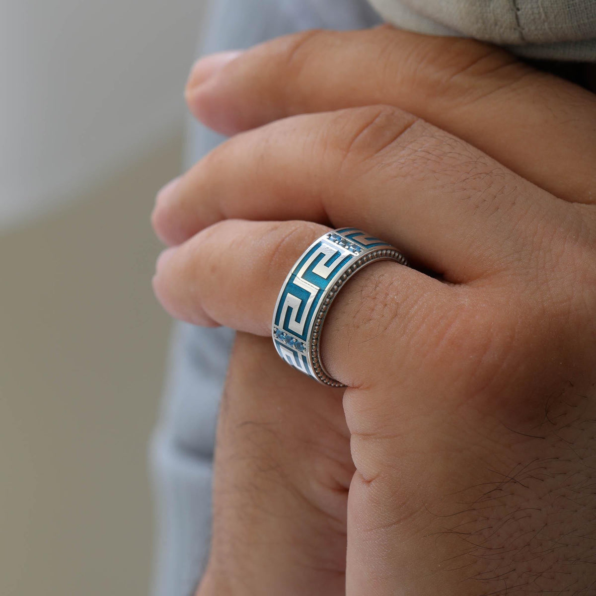 Blue Enamel Greek Key Ring in Sterling Silver — detail view 4 by Seneca Jewelry
