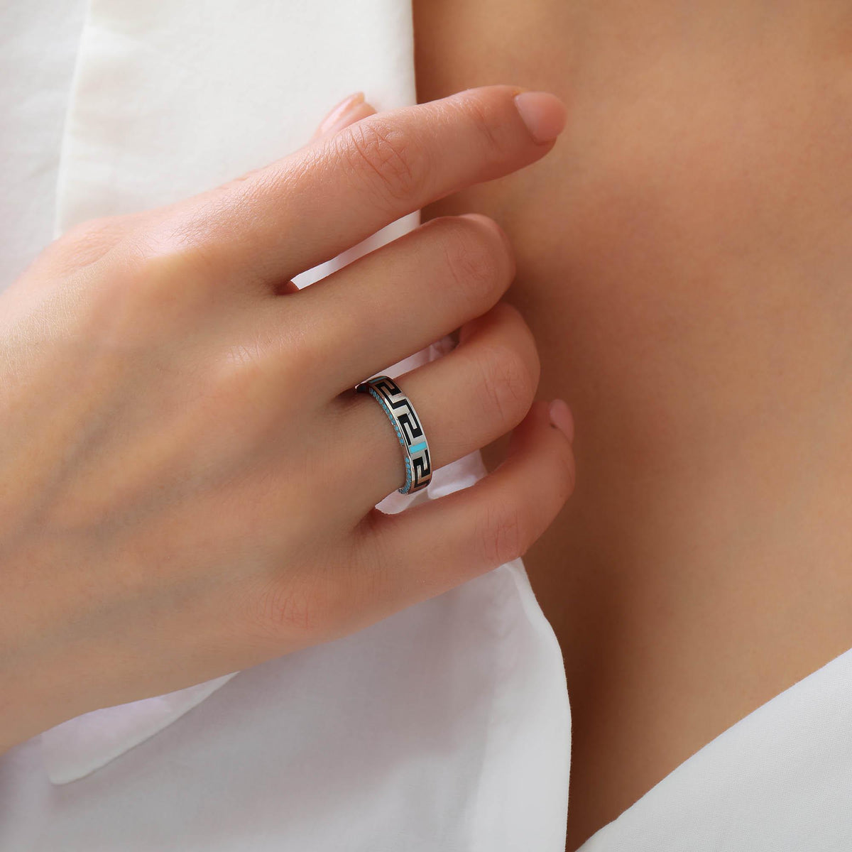 Turquoise Greek Key Ring in White Gold — detail view 4 by Seneca Jewelry