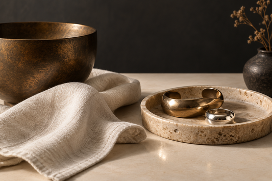 Bronze and sterling silver objects arranged with a soft care cloth on pale stone