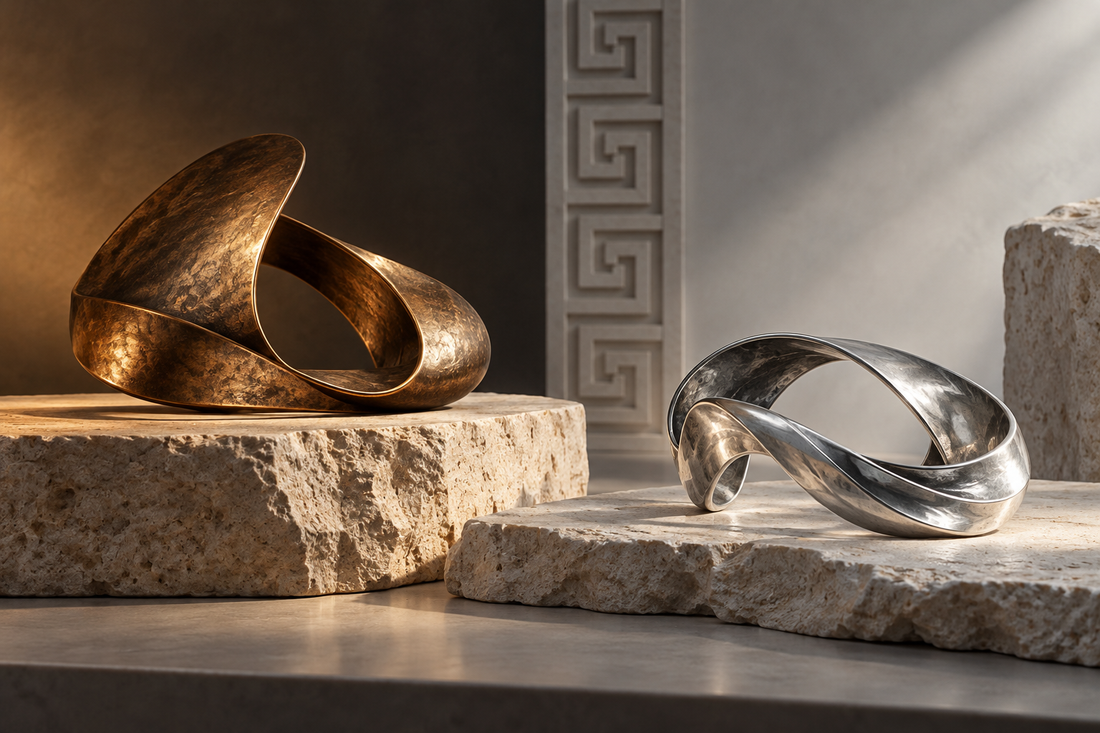 Warm bronze and cool sterling silver accessories arranged on pale stone