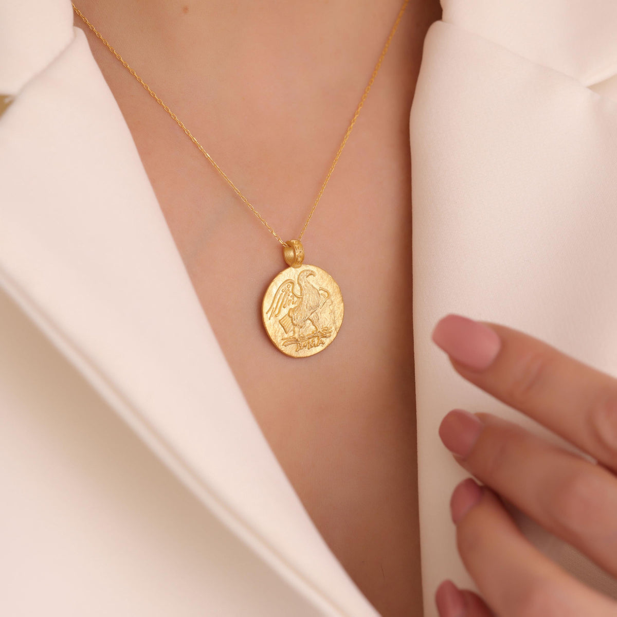 Roman Eagle Coin Necklace in Solid Gold — detail view 5 by Seneca Jewelry