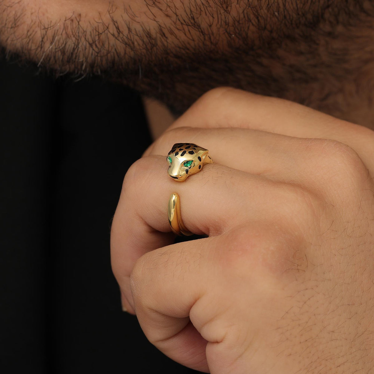 Felino Panther Ring with Green Zircon Eyes — detail view 3 by Seneca Jewelry