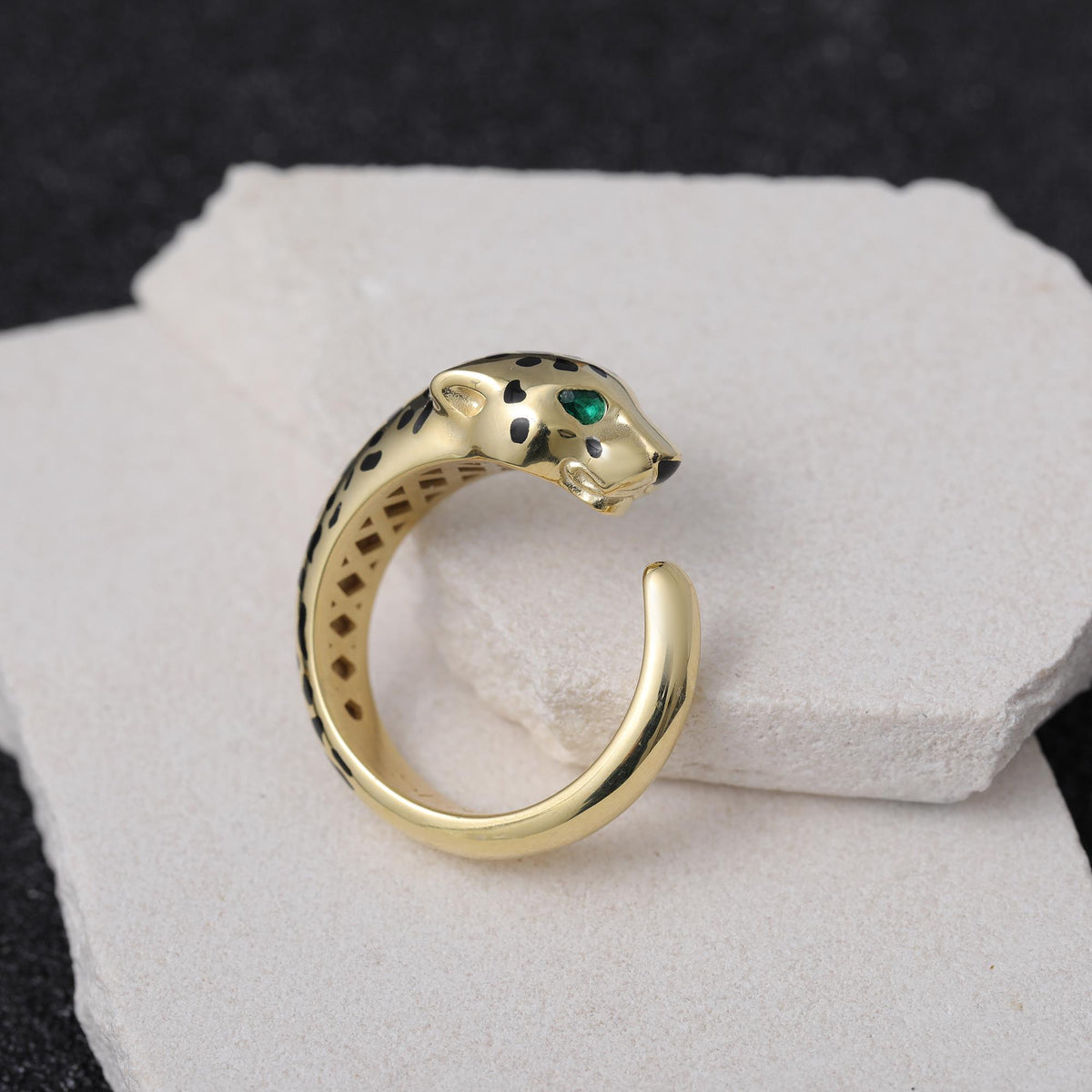 Felino Panther Ring with Green Zircon Eyes — detail view 2 by Seneca Jewelry