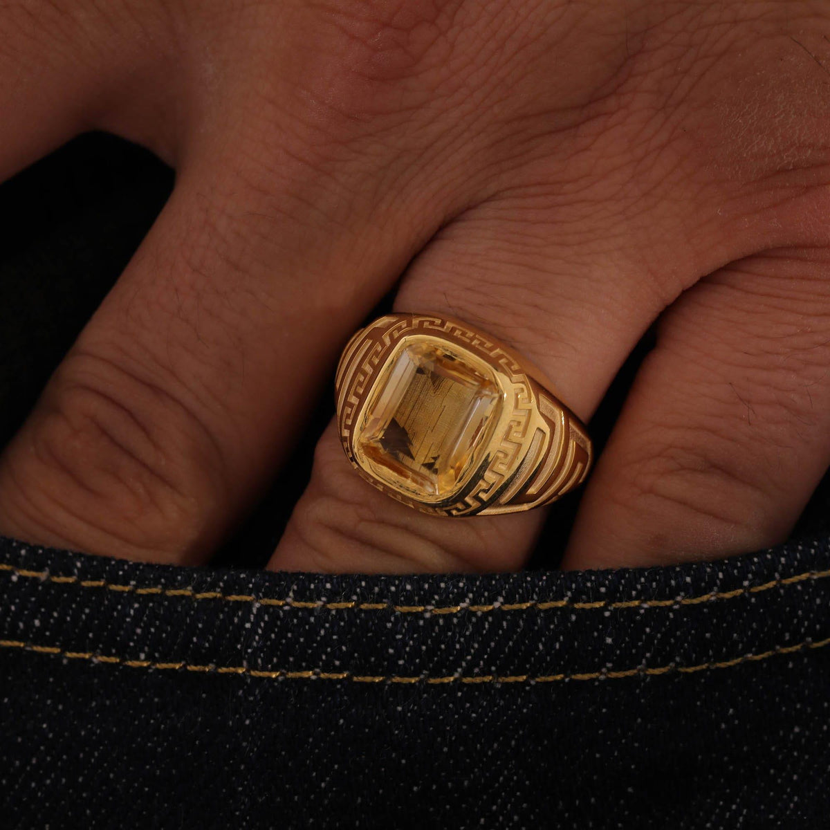 Majestic Citrine Signet Ring with Greek Key — product view by Seneca Jewelry