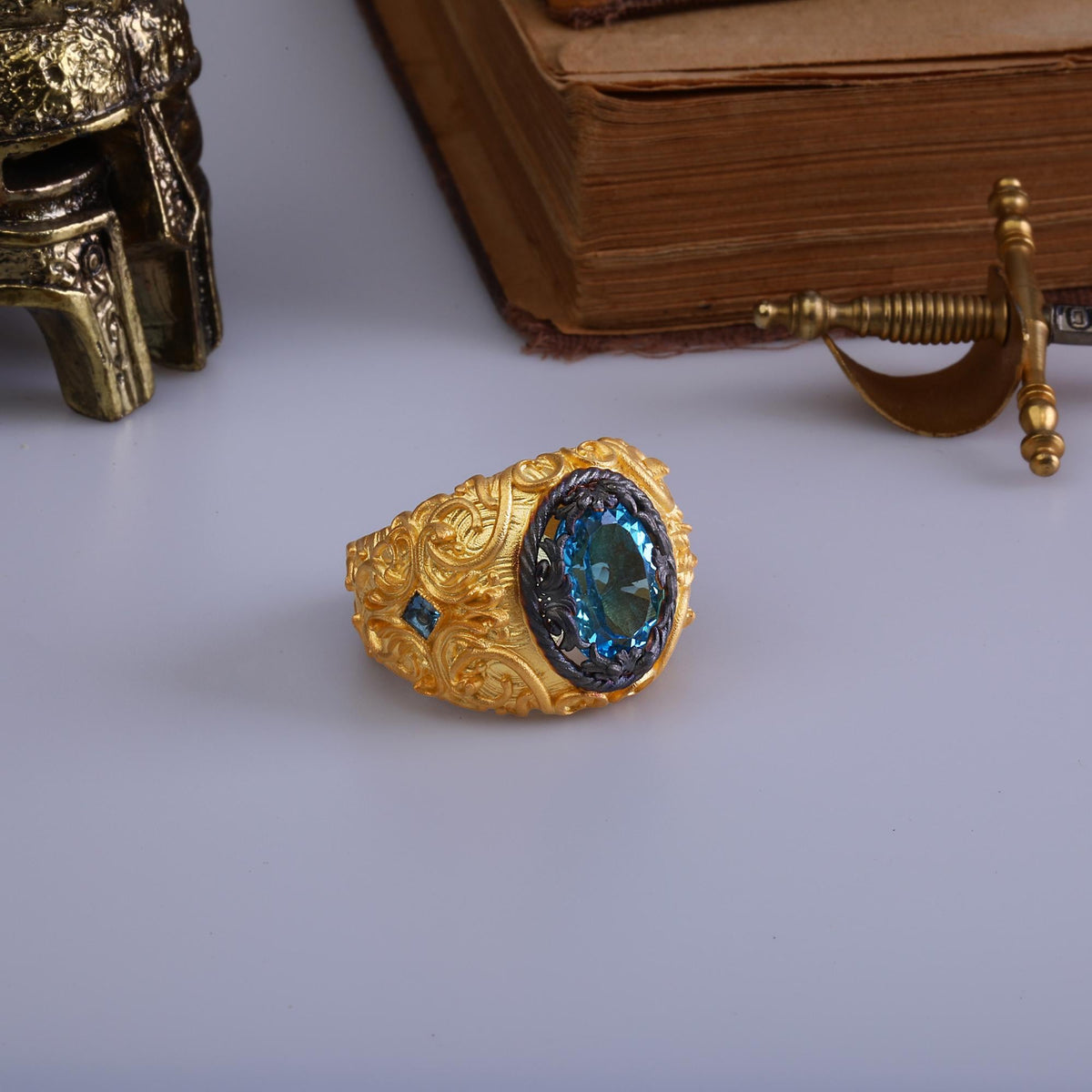 Blue Topaz Signet Ring in Gold-Plated Silver — detail view 3 by Seneca Jewelry