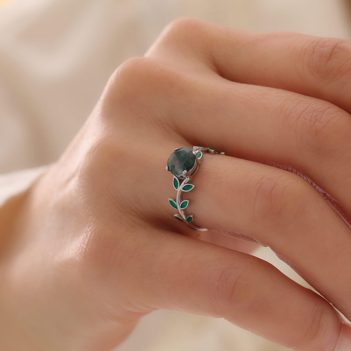 Moss Agate Vine Ring with Green Enamel — product view by Seneca Jewelry