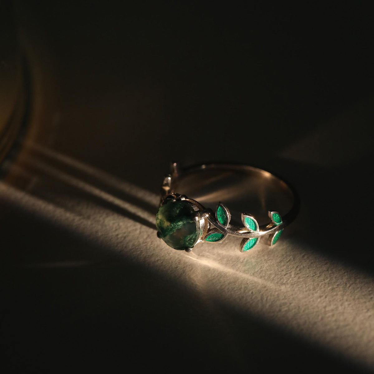 Moss Agate Vine Ring with Green Enamel — detail view 2 by Seneca Jewelry