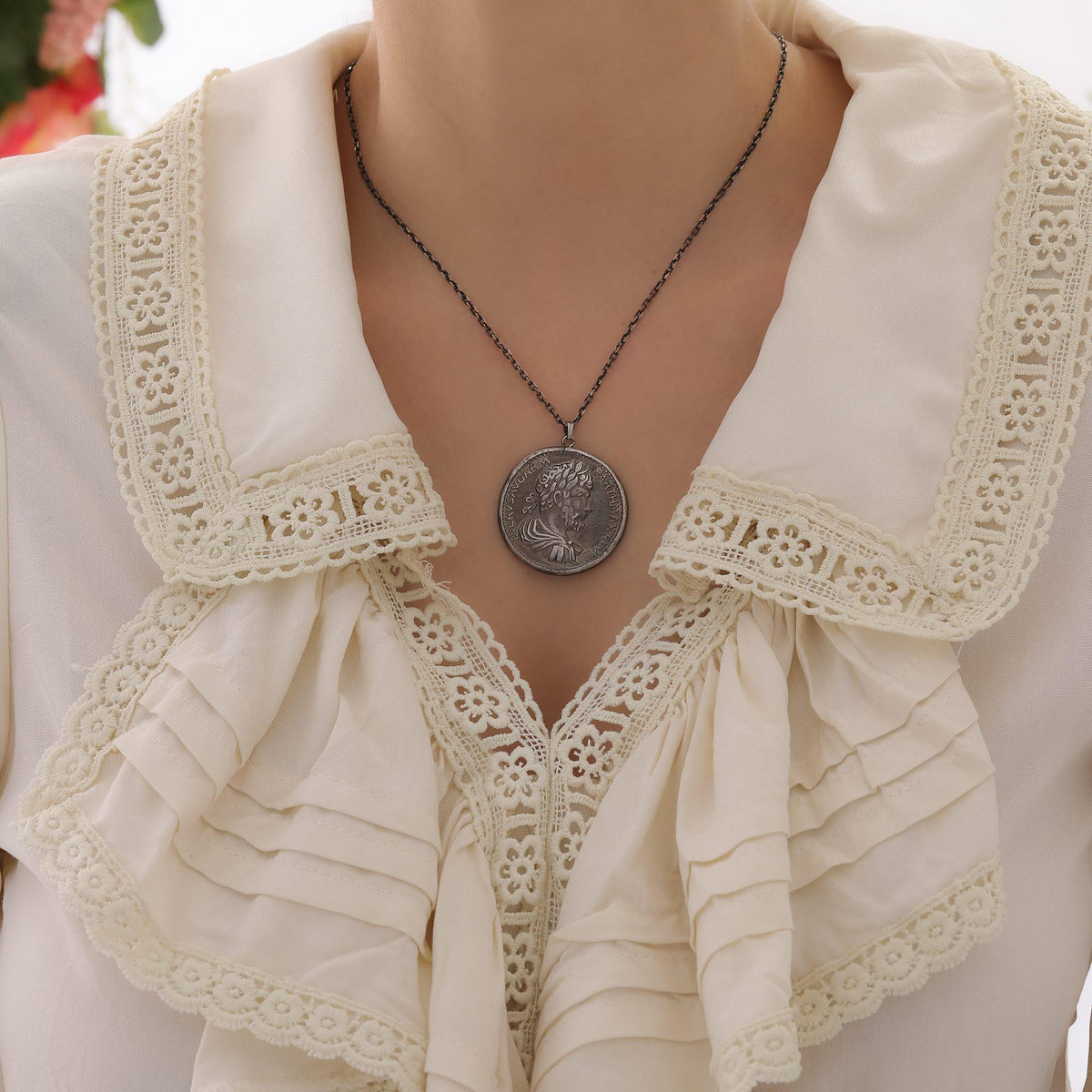 Lucius Verus Coin Necklace in Sterling Silver — detail view 3 by Seneca Jewelry