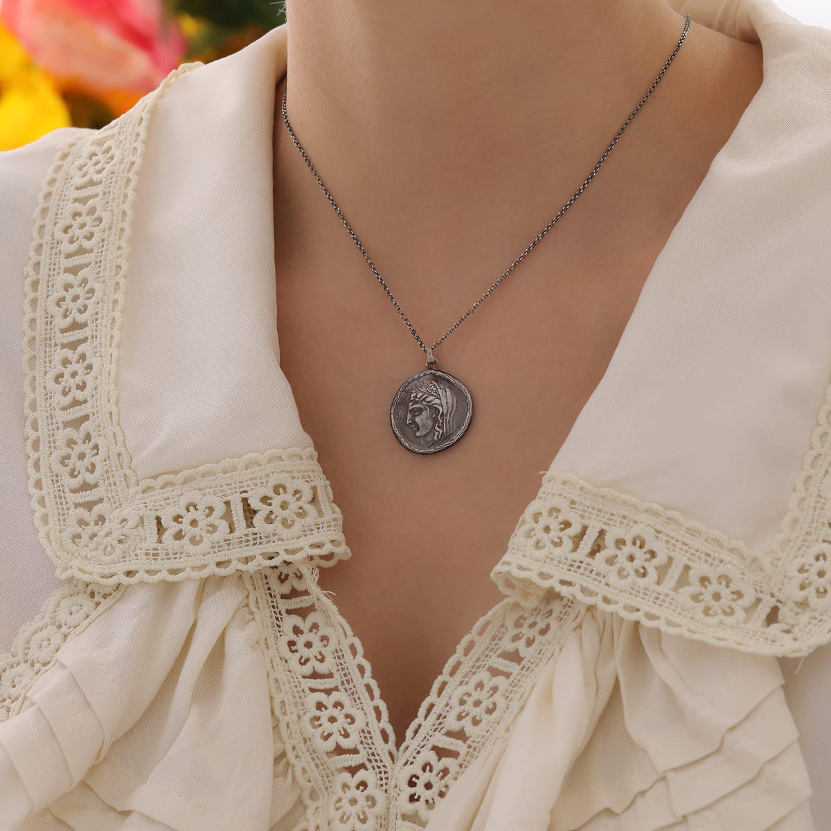 Seated Philosopher Coin Necklace — detail view 4 by Seneca Jewelry