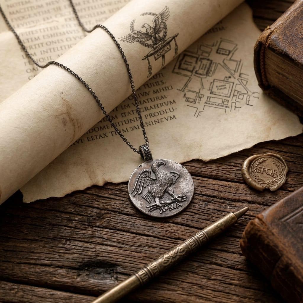Reversible Roman Eagle Coin Necklace — product view by Seneca Jewelry