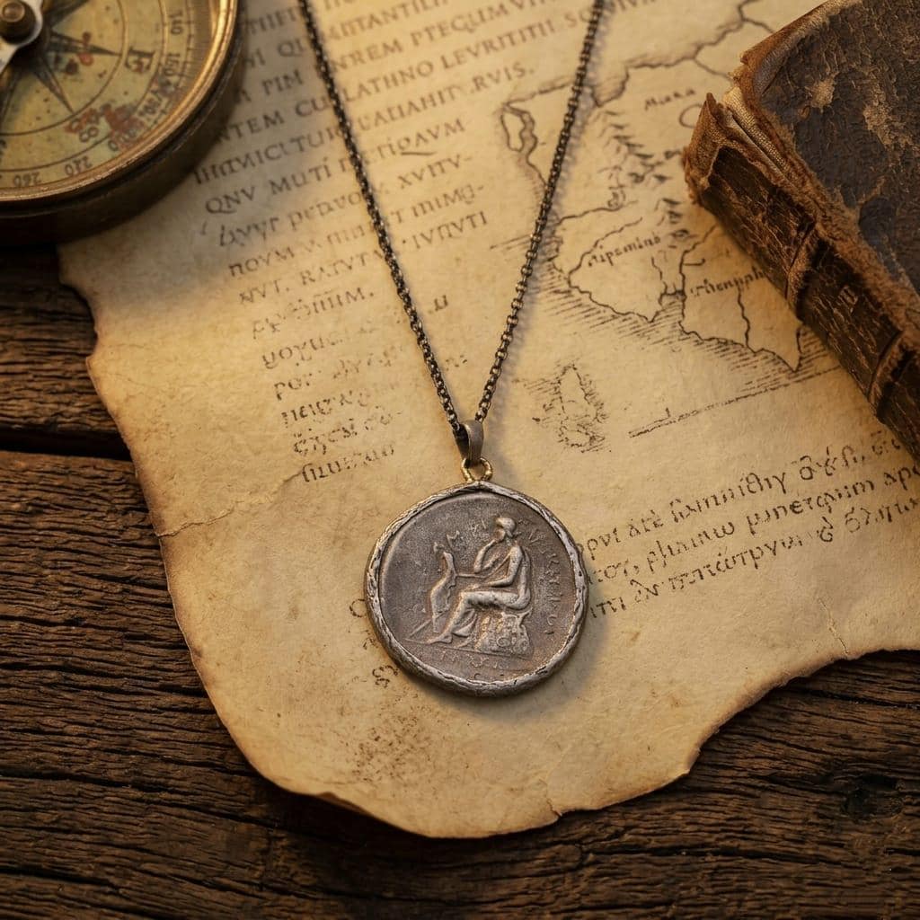 Seated Philosopher Coin Necklace — product view by Seneca Jewelry