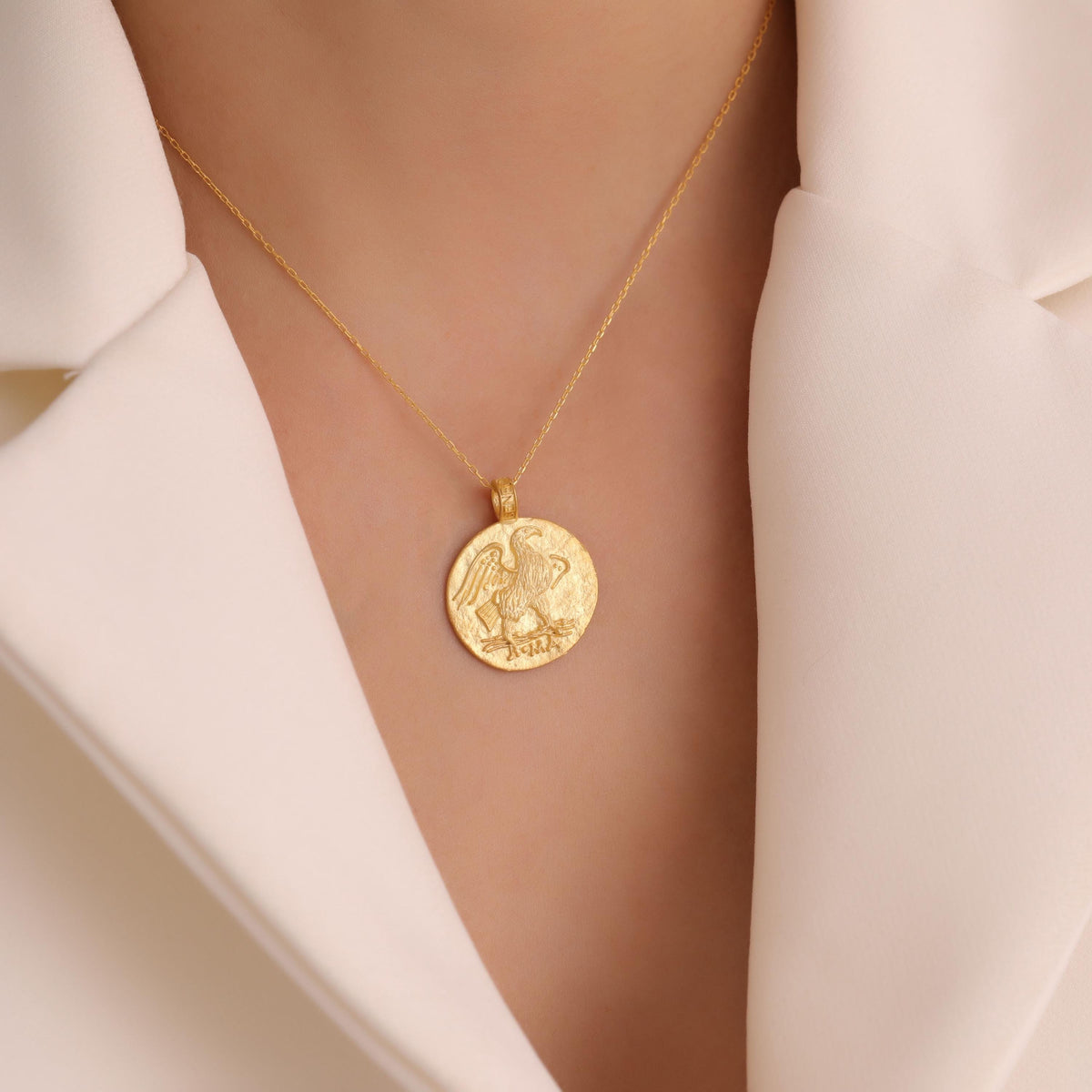 Roman Eagle Coin Necklace in Solid Gold — detail view 4 by Seneca Jewelry