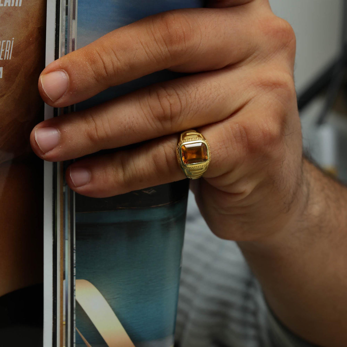Natural Citrine Signet Ring in Solid Gold — detail view 2 by Seneca Jewelry