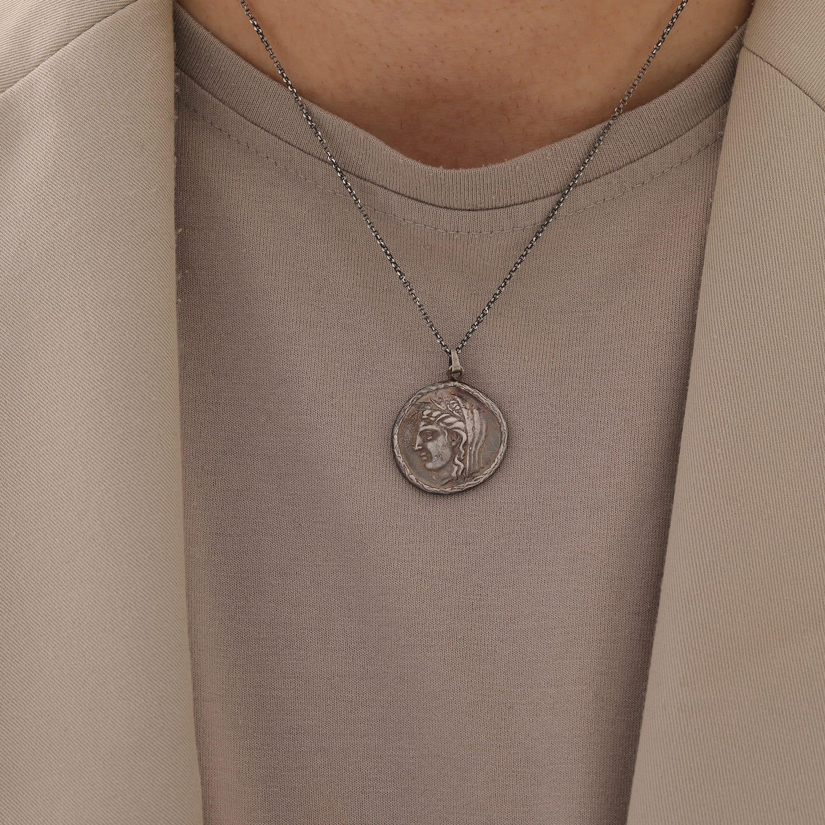 Seated Philosopher Coin Necklace — detail view 2 by Seneca Jewelry