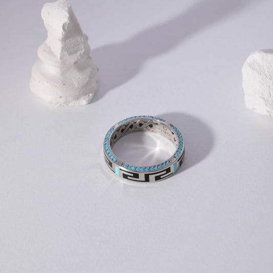 Turquoise Greek Key Ring in White Gold — detail view 2 by Seneca Jewelry