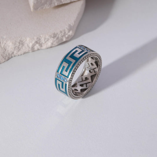 Blue Enamel Greek Key Ring in Sterling Silver — product view by Seneca Jewelry