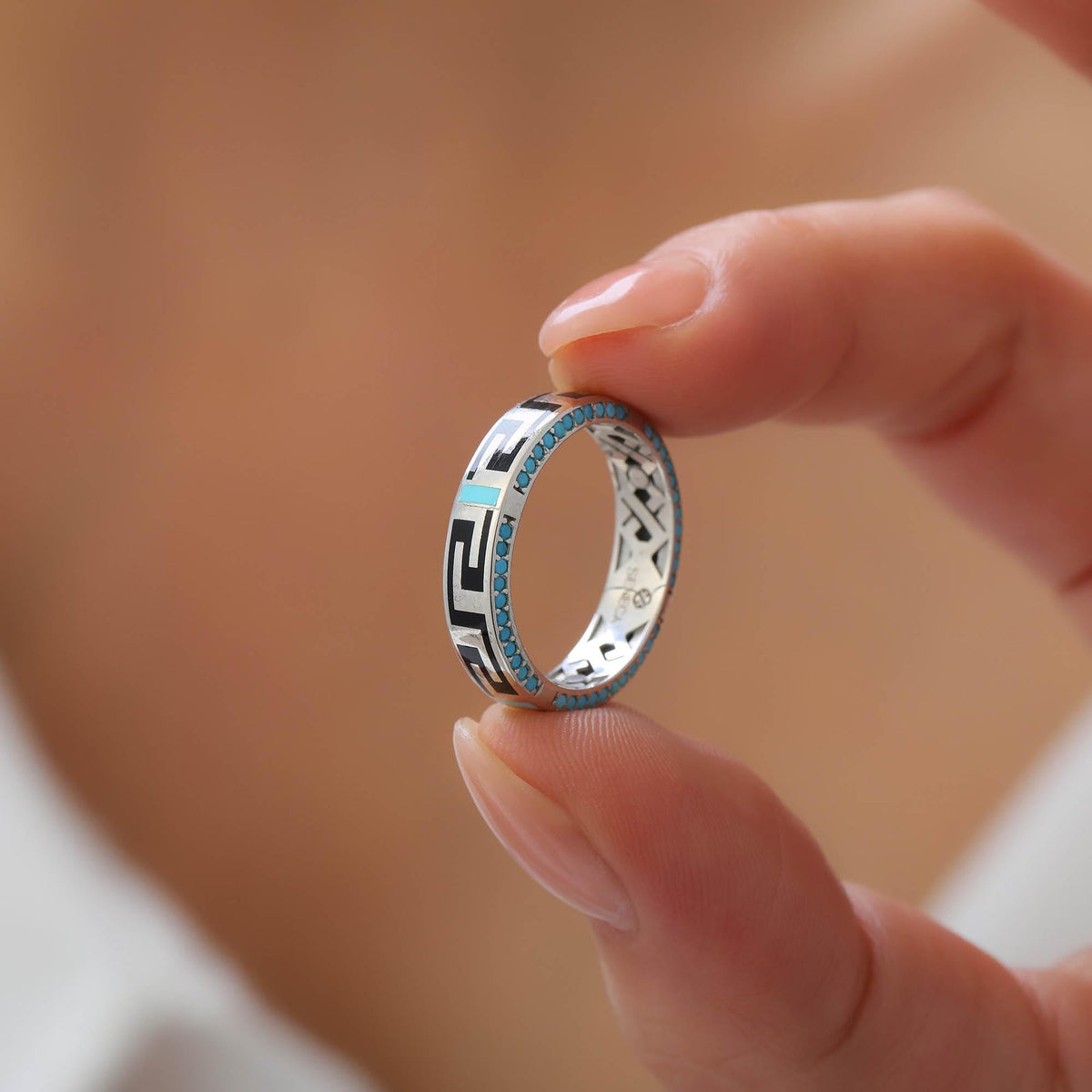 Turquoise Greek Key Ring in White Gold — detail view 3 by Seneca Jewelry