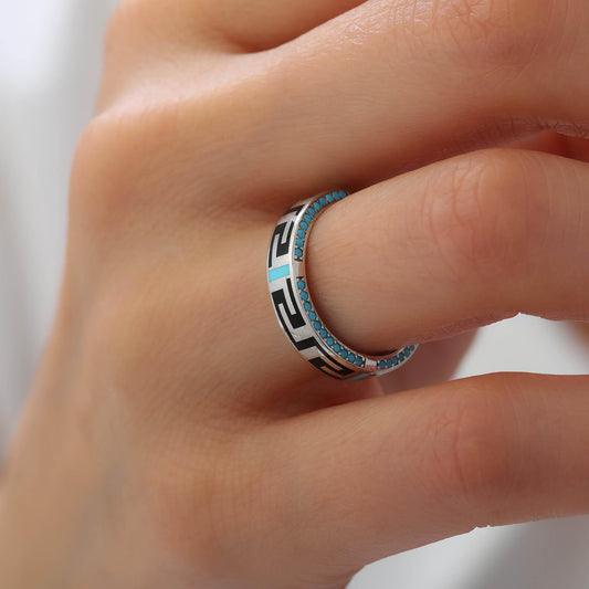 Turquoise Greek Key Ring in White Gold — product view by Seneca Jewelry