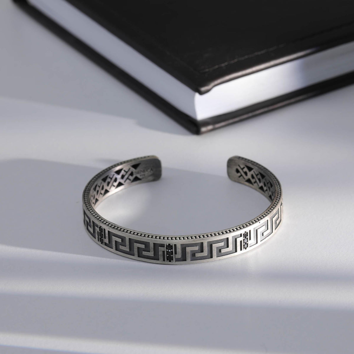 Oxidized Sterling Silver Greek Key Cuff — product view by Seneca Jewelry