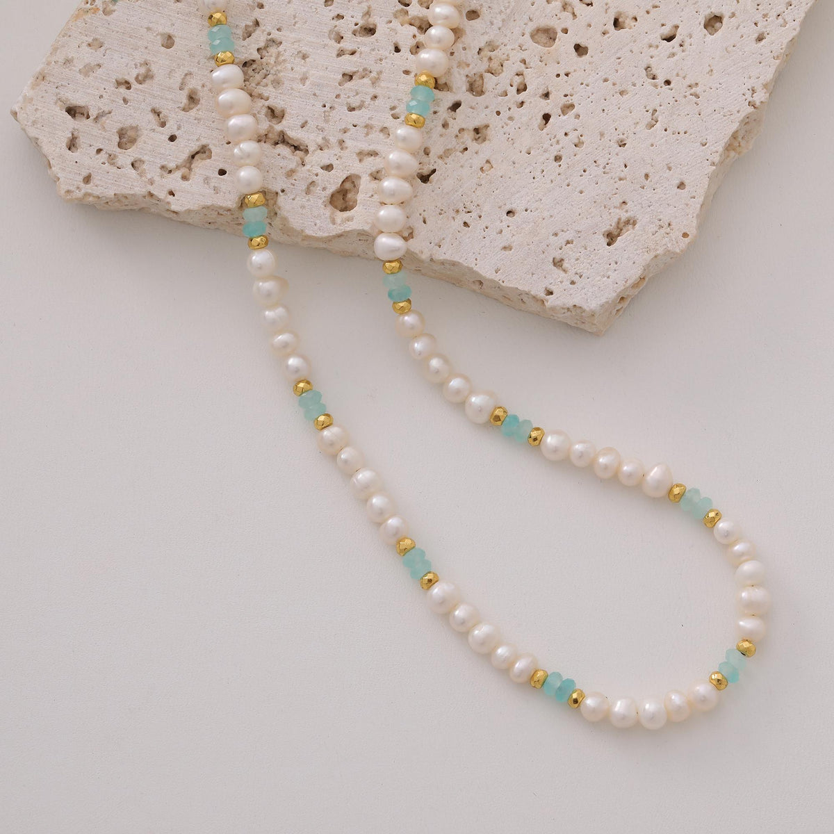 Amazonite and Freshwater Pearl Choker — detail view 3 by Seneca Jewelry
