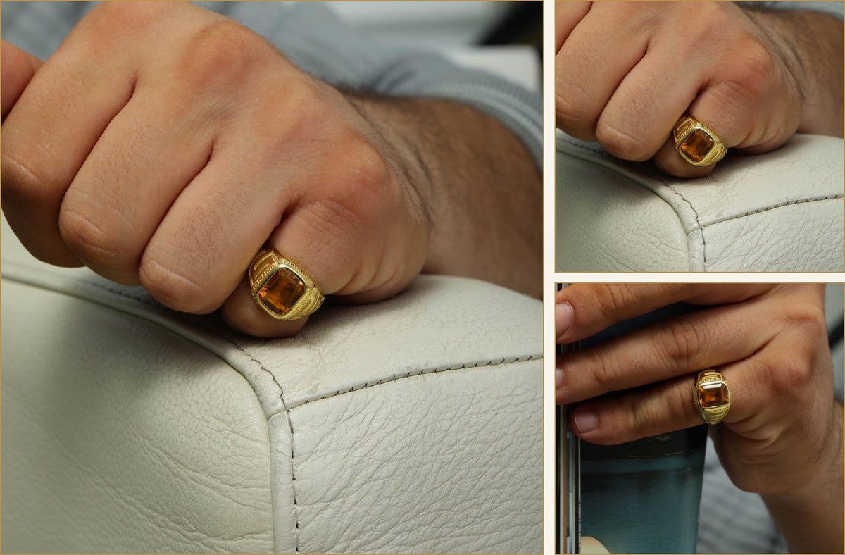 Editorial collage of the natural citrine solid gold men’s signet ring by Seneca Jewelry