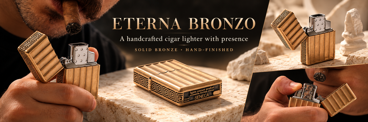 Eterna Bronzo solid bronze cigar lighter hero banner by Seneca Jewelry